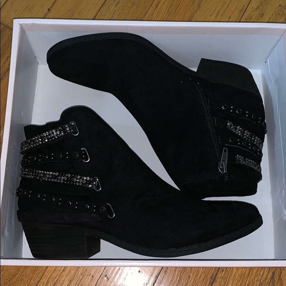 black suede booties with gems and rhinestones